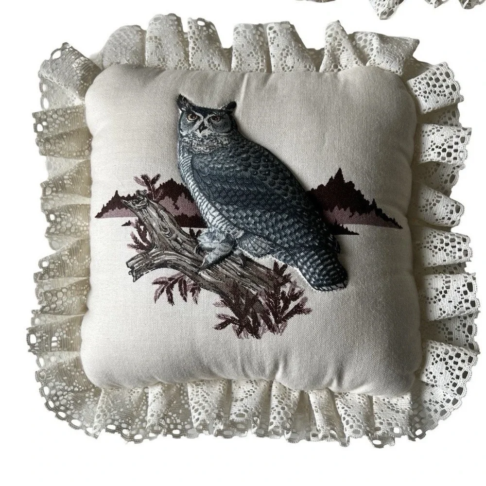 Vintage Bird Owl Quail‎ Decorative Throw Pillows Lace Trim Set of 3 Cottagecore